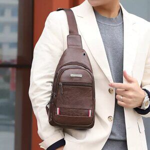 Men Leather Sling Bag Chest Shoulder Crossbody Backpack Travel Bag Daypack Bag